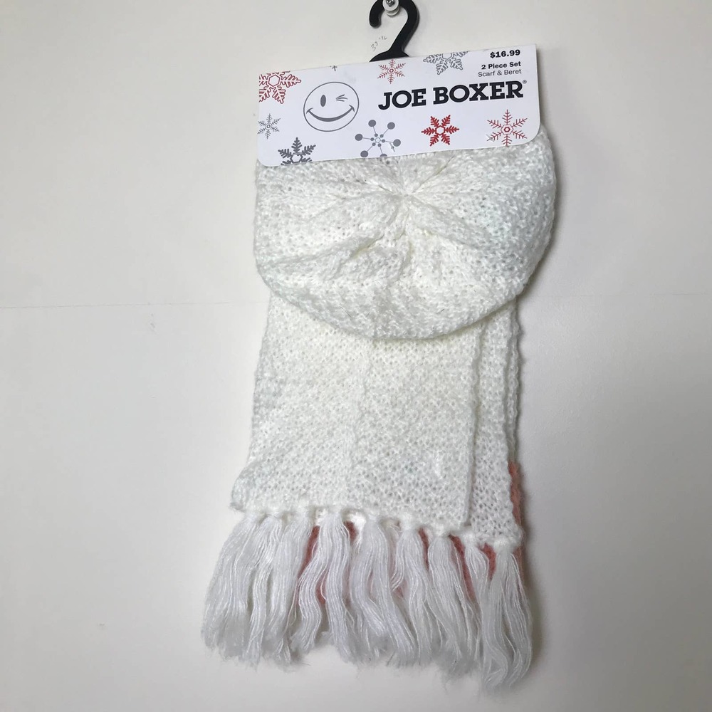 Joe Boxer Scarf‎ Beret Set Womens One Size Soft Pink White Cold Weather Knitted